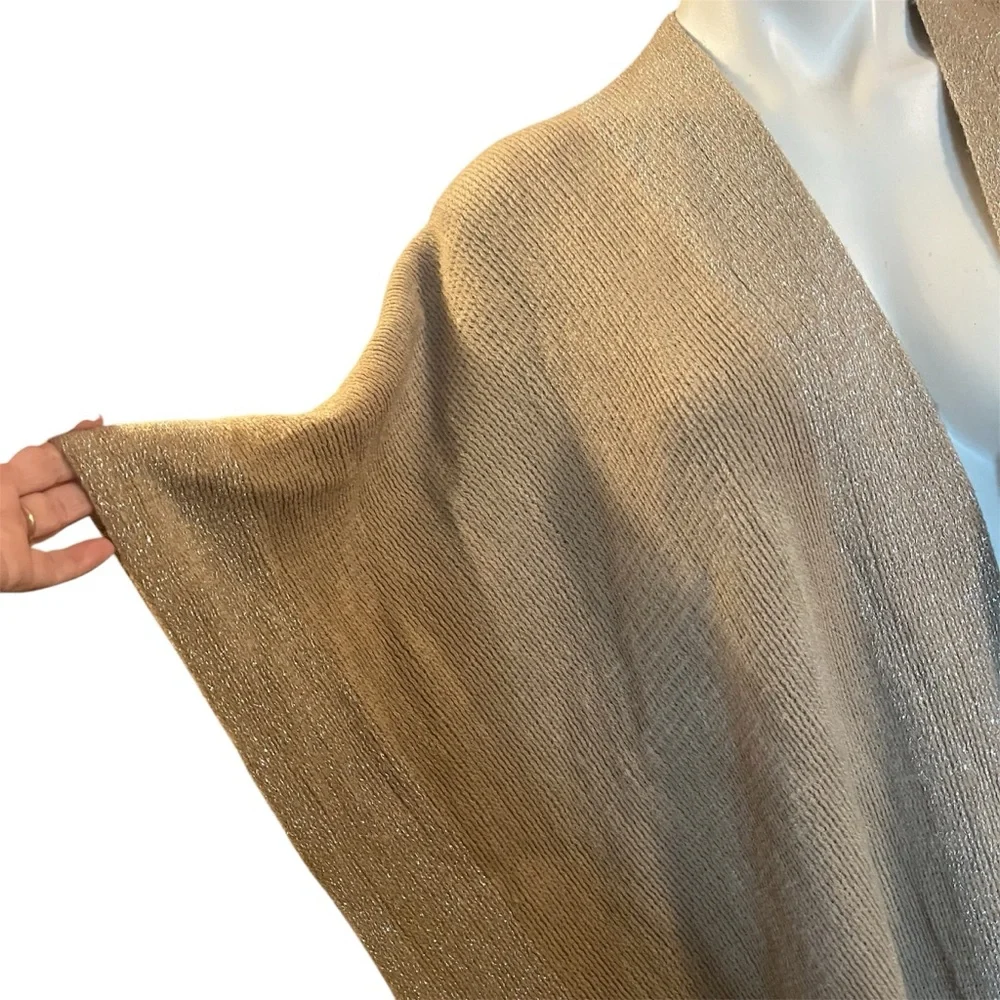 Northern Angel tan knit poncho with gold thread trim and fringe - Picture 8 of 12